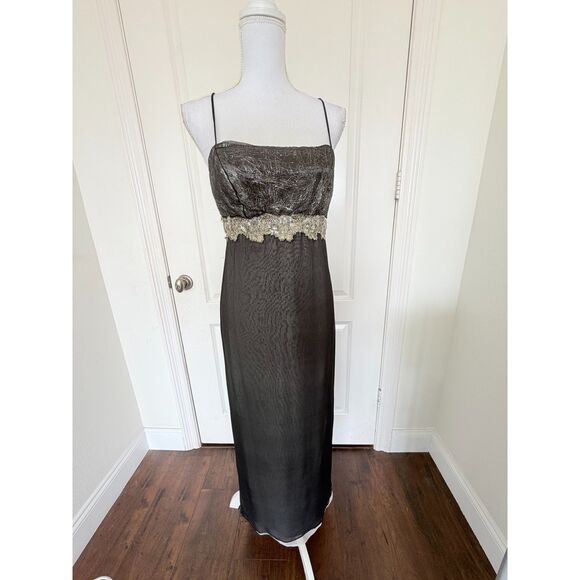Del Rosario Dresses & Skirts - Vtg 90s Del Rosario Silk Halter Maxi Dress Black Silver Beaded Gown 8